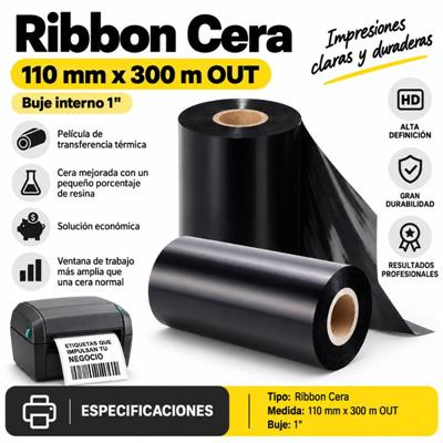 Ribbon Cera Out Negro 110x300mts. Buje 1