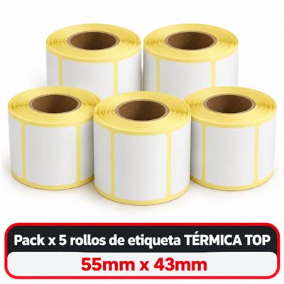 Pack x 5 Rollos de etiquetas termicas top 55mm x 44mm x 450 Buje 40mm *PARA BALANZA*